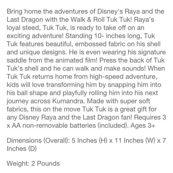 Disney Raya & The Last Dragon Tuk Tuk Walking & Rolling Stuffed Animal - Picture 6 of 6